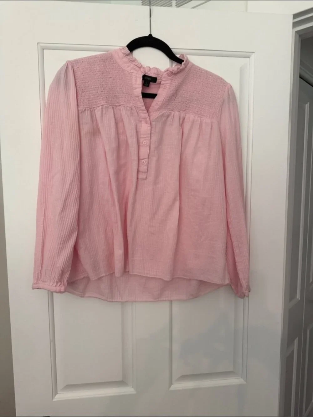J. Crew Light Pink Smocked Yoke Button-Front Blouse